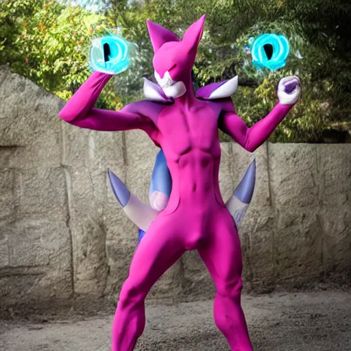 Prompt: of human Mewtwo cosplay in pokemon lab in photo