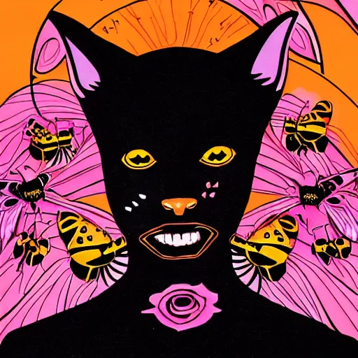 Prompt: magical occult black cats with flying lotus and bumblebees