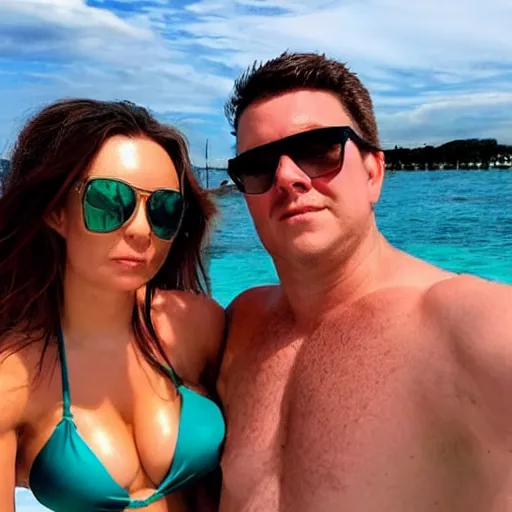 Image similar to photo of a 4 0 year old man that looks young for his age dating a very attractive 2 2 year old woman wearing a bikini. his wife is visibly upset in the background. lol