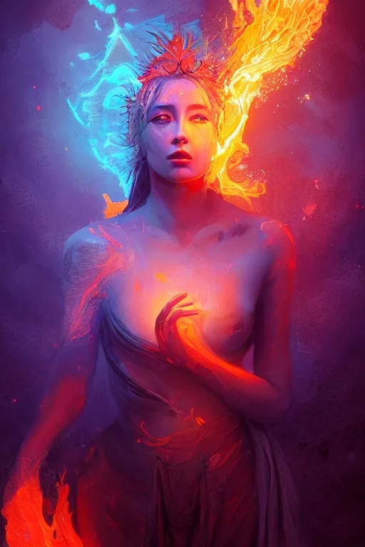 Prompt: a beautiful portrait of a goddess women engulfed in deep colourful flames by Greg Rutkowski, Sung Choi, Mitchell Mohrhauser, Maciej Kuciara, Johnson Ting, Maxim Verehin, Peter Konig, Bloodborne , 8k photorealistic, cinematic lighting, HD, high details, atmospheric , trending on artstation