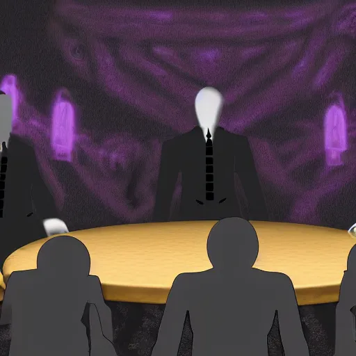 Image similar to HD render of shadow figures in suits sitting around a table in an occultic lair scheming and plotting, Ultra realistic digital art painting trending on artstation, photo realistic, black and purple colour scheme