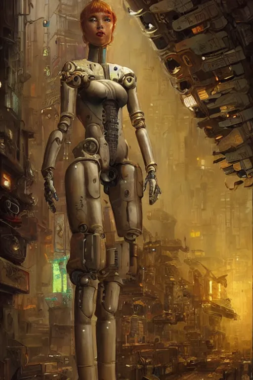 Image similar to a highly detailed retro futuristic female android with gears and other mechanical parts made out of pasta standing in a dank alleyway from blade runner, a robot made out of pasta, painting by Marc Simonetti and Julie Bell