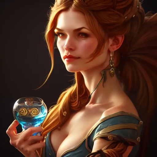 Image similar to barmaid, female, d & d, fantasy, intricate, elegant, highly detailed, digital painting, artstation, octane render, concept art, matte, sharp focus, illustration, hearthstone, art by artgerm and steve argyle and alphonse mucha