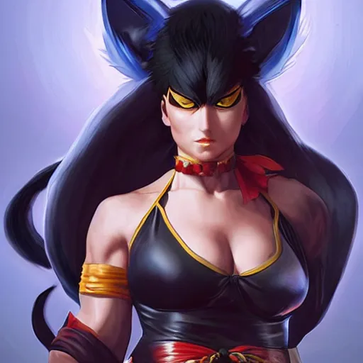 Image similar to black cat as a street fighter character, cg animation, capcom, realistic, character select portrait, by artgerm, greg rutkowski, alphonse mucha, 3 d