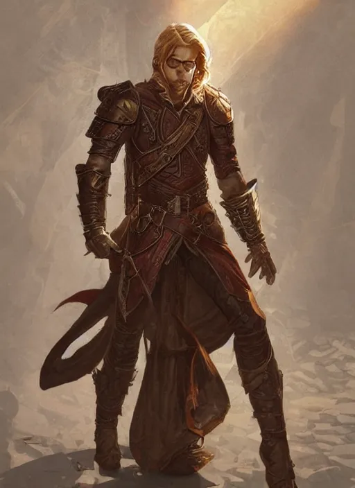 Image similar to full body portrait of a male half elf in fireproof leather armor wearing a utility belt and goggles, D&D, fantasy, intricate, cinematic lighting, highly detailed, digital painting, artstation, concept art, art by Terry Moore and Greg Rutkowski and Alphonse Mucha