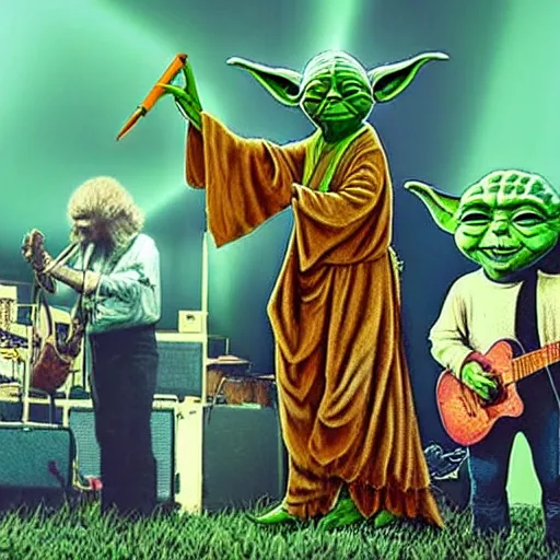 Image similar to a band playing at woodstock with yoda as a lead singer a guitarist who is also yoda, and two guitarists who are also yoda, hyper realistic, 8k, photograph