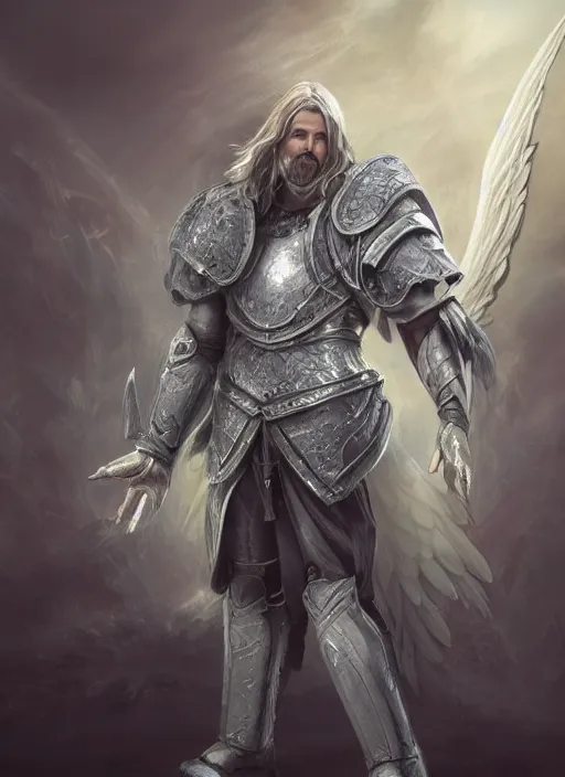 Prompt: an epic fantastic realism comic book style portrait painting of an aasimar paladin, male, big angel wings on back, shaggy silver hair, short brown beard, d & d concept art, unreal 5, daz, teal aesthetic, octane render, cosplay, rpg portrait, dynamic lighting