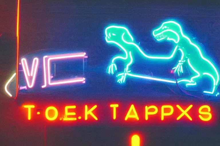 Prompt: poster of a T-Rex thick neon lights, ektachrome photograph, volumetric lighting, f8 aperture, cinematic Eastman 5384 film