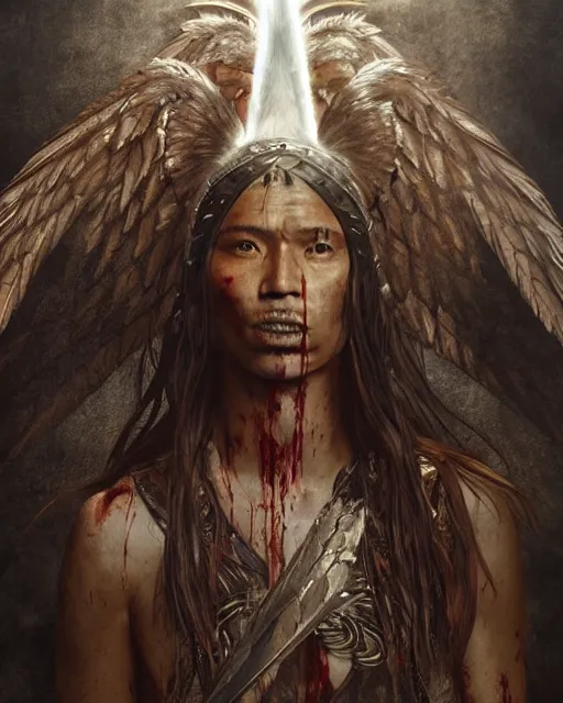 Prompt: an indigenous warrior with angelic wings, by tsuyoshi nagano, by greg rutkowski, dramatic lighting, blood, god rays, angelical, symmetrical, intricate, detailed, cinematic, masterpiece