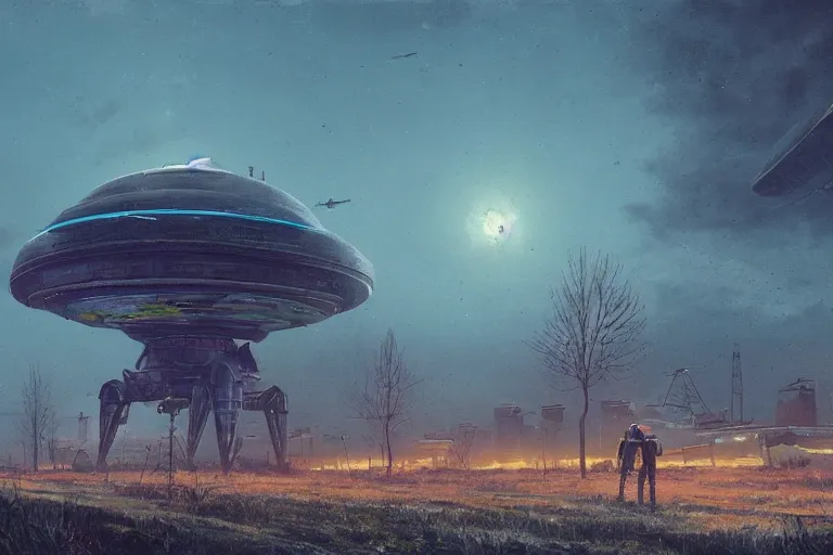 Image similar to a beautiful matte painting of a alien spaceship over the soviet village simon stalenhag and alan bean, trending on artstation, realistic rendering