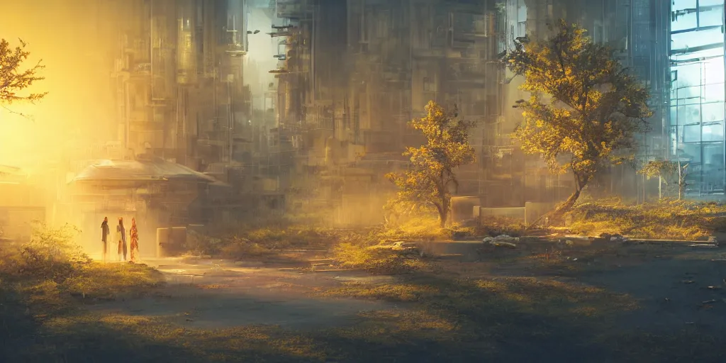 Image similar to A yellow baby rabbit is painting, cyberpunk temple, sunset with falling leaves, Tyndall rays, low angle, light through the mist, dramatic lighting, photorealistic, cinematic lighting, high detail, cinematic feel, high octane, 4K, Unreal Engine, digital render, intricate, ultra realistic, concept art