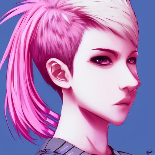 Image similar to full headshot portrait of anime woman with pink pixie cut mohawk punk, digital art, drawn by WLOP, by Avetetsuya Studios, anime manga panel, trending on artstation, wearing a plaid shirt