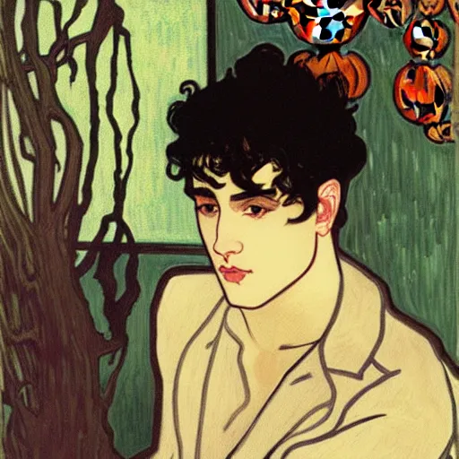 Image similar to painting of young cute handsome beautiful dark medium wavy hair man in his 2 0 s named shadow taehyung at the halloween matcha soup party, somber, depressed, melancholy, sad, elegant, clear, painting, stylized, delicate, soft facial features, delicate facial features, soft art, art by alphonse mucha, vincent van gogh, egon schiele