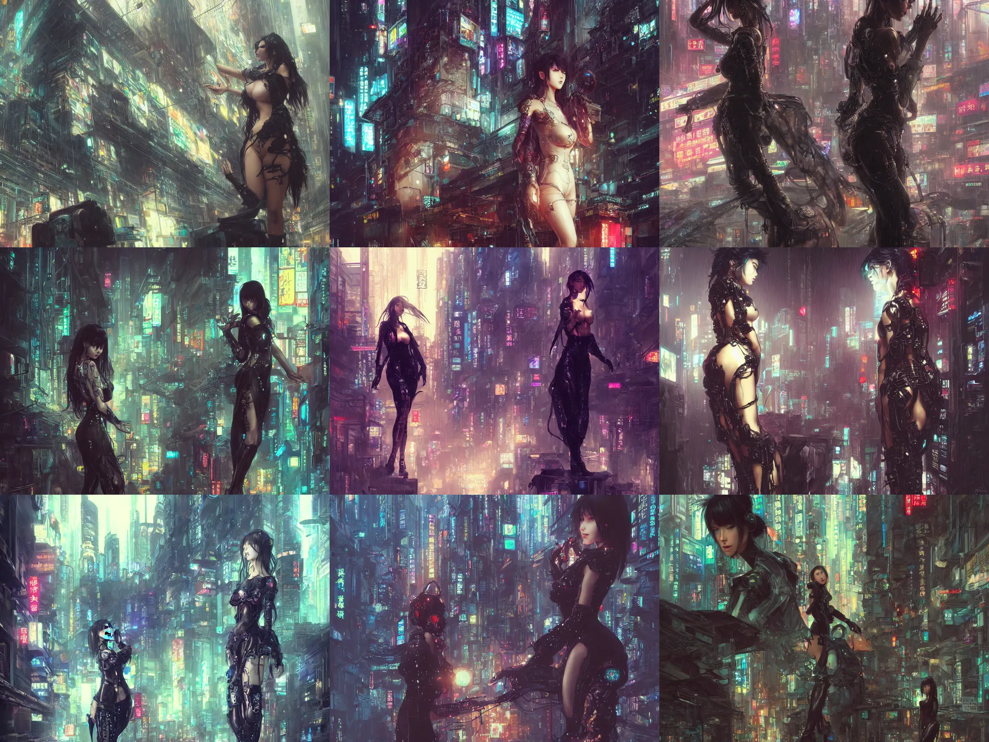 Prompt: ultra realistic beautiful cyberpunk rainy kowloon techno art, beautiful alluring anime woman, sci - fi, fantasy, intricate, elegant, highly detailed, digital painting, artstation, concept art, smooth, sharp focus, illustration, art by artgerm and wlop and greg rutkowski and alphonse mucha and tian zi and allen william and krenz cushart