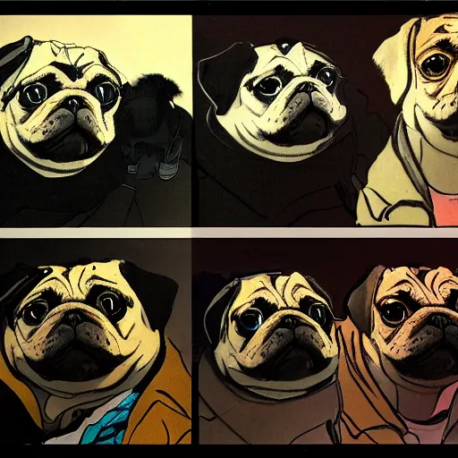 Image similar to self portrait showing family of pugs by yoji shinkawa, extra details, colored, 4 k, dynamic lighting