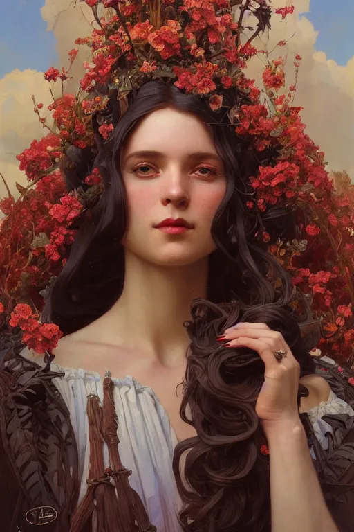 Prompt: sargent and leyendecker and greg hildebrandt highly detailed portrait of a woman with long hair, wearing a gown made of dark flowers, stephen bliss, unreal engine, by greg rutkowski, loish, ferdinand knab, ilya kuvshinov, rossdraws, tom bagshaw, alphonse mucha, global illumination, radiant light, detailed and intricate environment