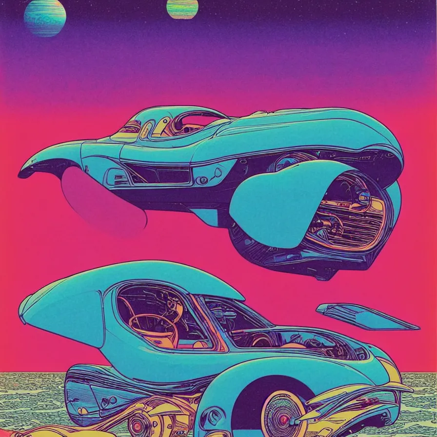 Prompt: ( ( ( ( 1 9 5 0's classic car driving in a strange planet ) ) ) ) by mœbius!!!!!!!!!!!!!!!!!!!!!!!!!!!, overdetailed art, colorful, artistic record jacket design