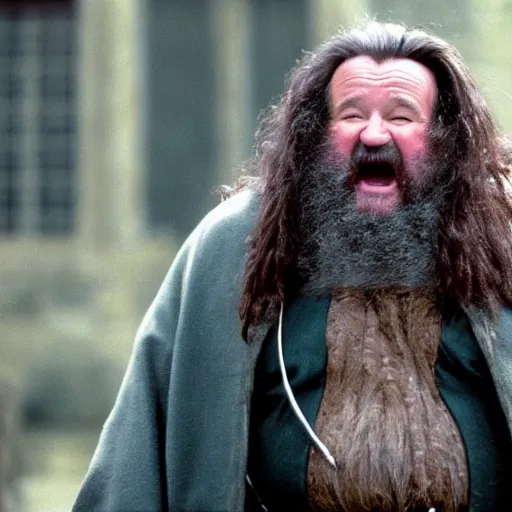 Image similar to Robin Williams playing Hagrid in Harry Potter, screenshot