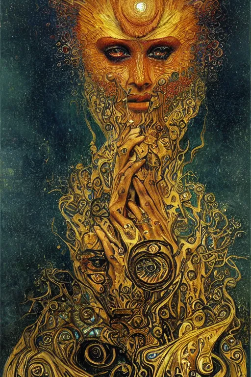 Prompt: Visions of Hell by Karol Bak, Jean Deville, Gustav Klimt, and Vincent Van Gogh, infernal, visionary, otherworldly, fractal structures, ornate gilded medieval icon, third eye, hellfire, spirals