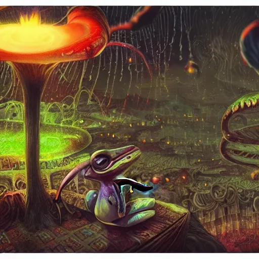 Image similar to A centered chest up portrait of a psychedelic demonic anthropomorphic frog smoking a hand-rolled cigarette smoking heavily , magic mushroom village in background . award winning. superb resolution. in the art style of junji Ito and greg rutkowski . Detailed Mushroom city in background. Hyper realistic anime. Perfect art. Dalle2