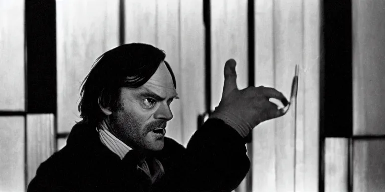 Image similar to photorealistic wide profile master shot cinematography of the character jack torrance played by jack nicholson from stanley kubrick's 1 9 8 0 film the shining sitting at the overlook hotel's gold ballroom bar starring right at the camera shot on 3 5 mm eastman 5 2 4 7 film by the shining cinematographer john alcott on a 1 8 mm cooke panchro lens.