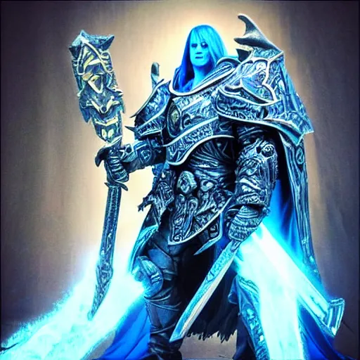 Image similar to “ arthas the lich king with his sword on blue fire ”