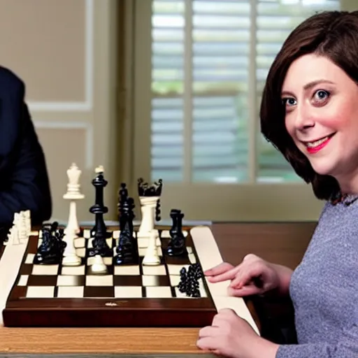 Image similar to rachel bloom playing chess against george w. bush