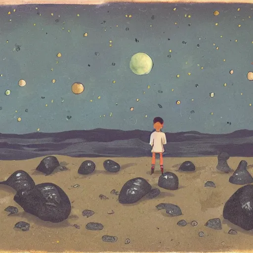 Image similar to a lonely kid in an unknown world, looking at the stars, with a lot of dead bodies behind him, rocks floating, painted like alex kanevsky, and the athmosphere of dennis villeneuve