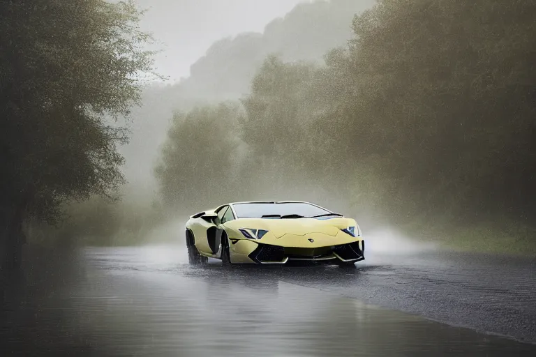 Image similar to a landscape photograph of a lamborghini aventador driving through a vast serene landscape on a rainy day, river, trees, beautiful lighting, by lee madgwick