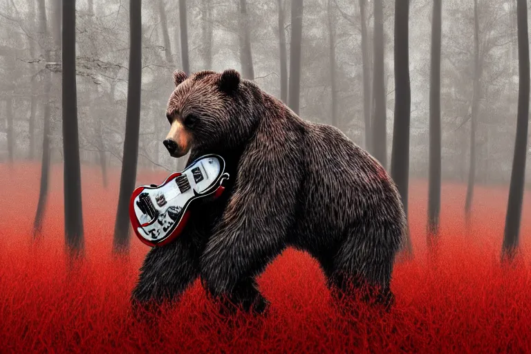 Image similar to Realistic punk bear playing hardcore metal guitar in the middle of a misty red forest talking to big foot .digital art on artstation