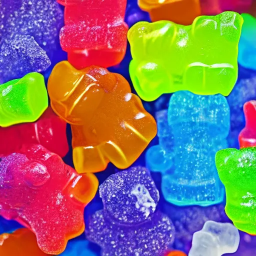 Image similar to macro image of a bowl full of gummy bears, realistic, glistening, slightly sprayed with water.