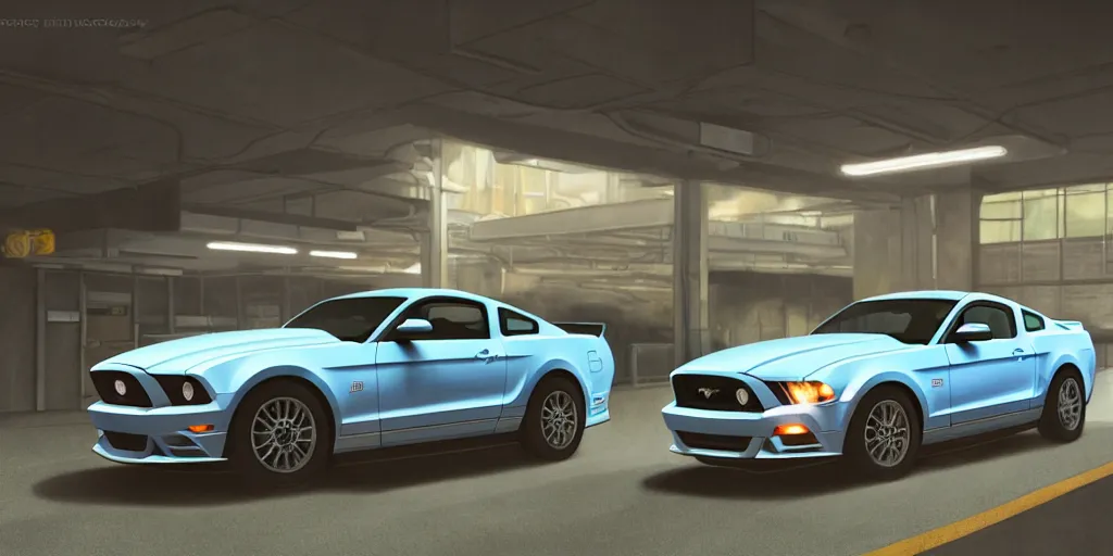 Image similar to a wholesome animation key shot of a focused ford mustang car parked in an multi-storey car park, medium shot, waist up, studio Ghibli, Pixar and Disney animation, sharp, very detailed, high resolution, Rendered in Unreal Engine 5, anime key art by Greg Rutkowski, Bloom, dramatic lighting