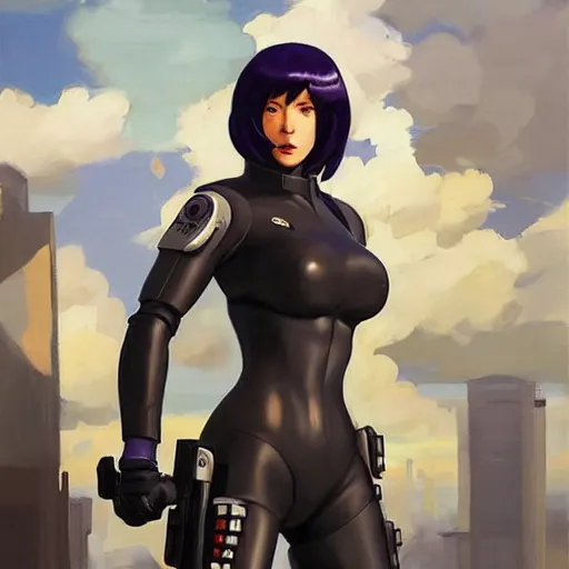 Image similar to greg manchess portrait painting of partially armored motoko kusanagi as overwatch character, medium shot, asymmetrical, profile picture, organic painting, sunny day, matte painting, bold shapes, hard edges, street art, trending on artstation, by huang guangjian, gil elvgren, ruan jia, greg rutkowski, gaston bussiere