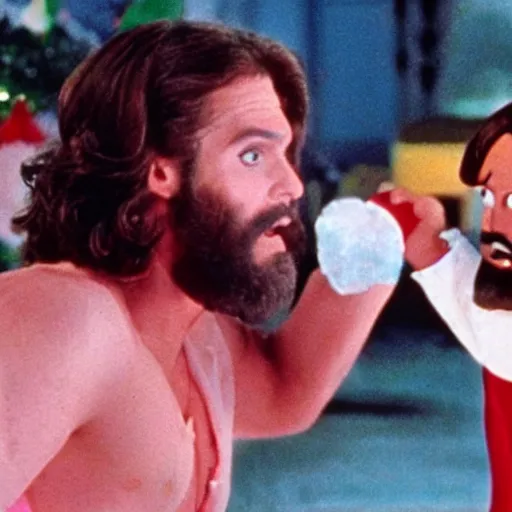 Image similar to Santa and Jesus 80s movie action battle, pink crying ice cream in the background