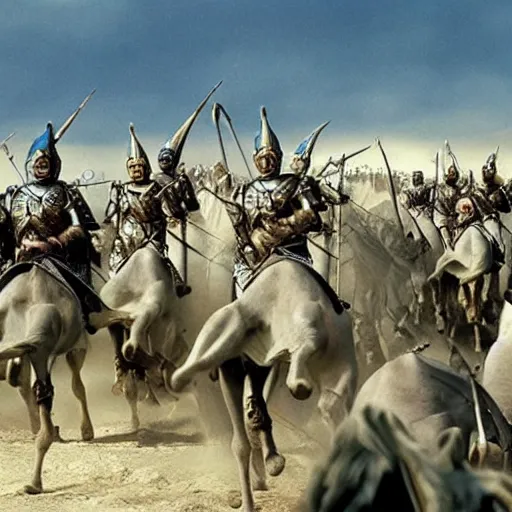 Image similar to the rohirrim riding into battle on camels at minas tirith