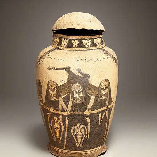 Prompt: roman jar illustrated with exploding skeletons