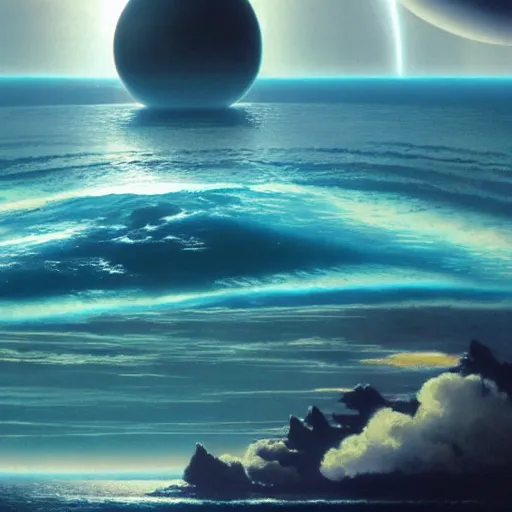 Prompt: beautiful matte painting of a dreamy ocean with clouds, sci - fi, daylight, blue sky, cinematic lighting, cinematic perspective, black planet above, syd mead, john harris, federico pelat, detailed, 4 k, hd