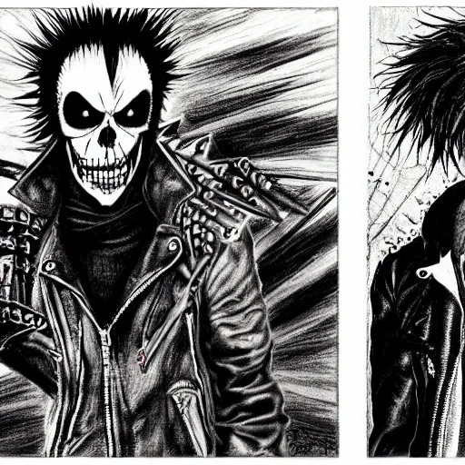 Prompt: a portrait of the grim reaper as a punk rocker playing an electric guitar, punk, skeleton face, mohawk, dark, fantasy, leather jackets, spiked collarsand wristbands, piercings, boots, ultrafine detailed pencil art on paper by frank frazetta and vito acconci and and takeshi obata, death note style, symetric body, sharp focus