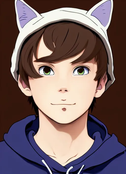 Image similar to teen boy with brown hair and big blue eyes, wearing a black hoodie with cat ears on top of it, natural lighting, path traced, highly detailed, high quality, cartoon, digital painting, by don bluth and ross tran and studio ghibli and alphonse mucha