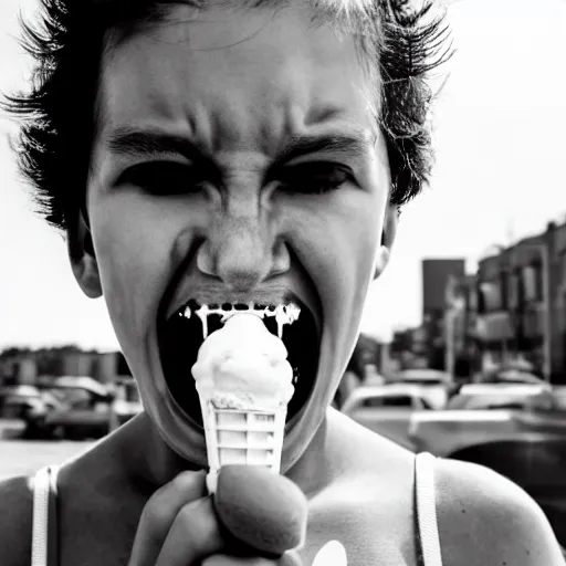 Image similar to portrait of a xenomorph eating ice cream on a hot sunny day, photography