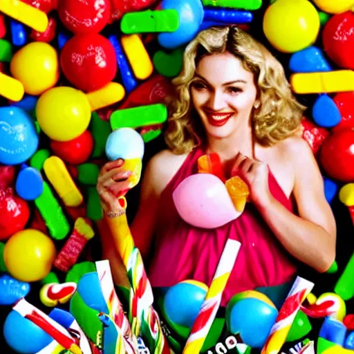 Image similar to stock photo. madonna and child, holding candy. jar of candy. lollipop, candy bar, gumdrop, fudge.