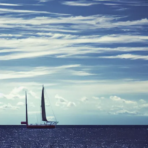 Prompt: sailing boat among seagulls, blue calm sea and few white clouds, dreamy light