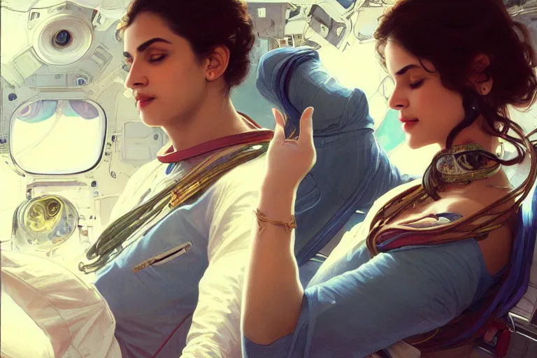 Prompt: Sensual good looking pale young Indian doctors wearing jeans in a space station above Earth, portrait, elegant, intricate, digital painting, artstation, concept art, smooth, sharp focus, illustration, art by artgerm and greg rutkowski and alphonse mucha