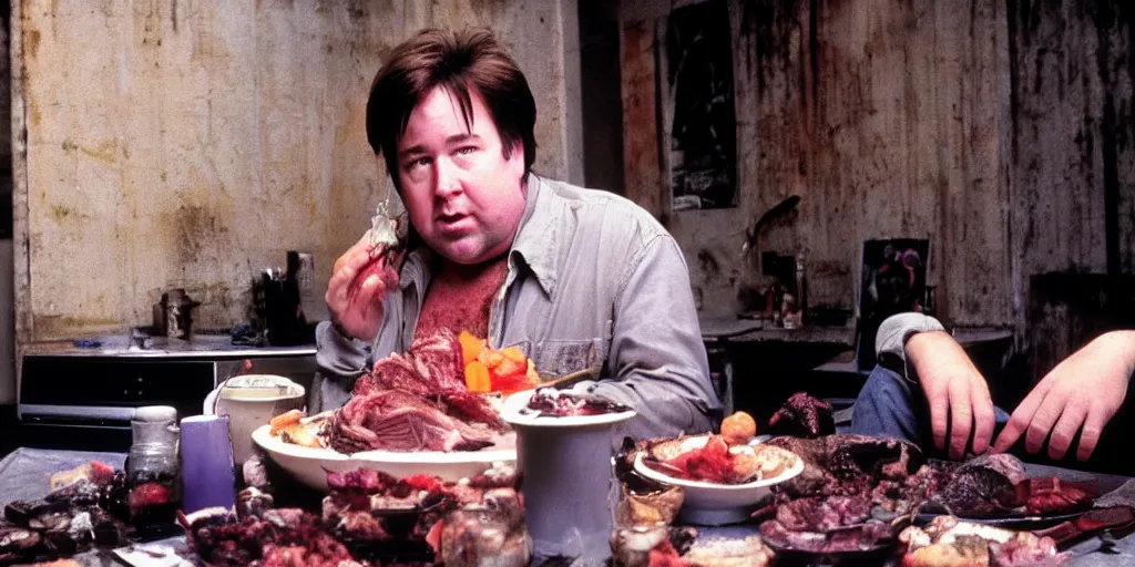 Image similar to award winning photo of BILL HICKS meats a friend in new york, vivid colors, happy, symmetrical face, beautiful eyes, studio lighting, wide shot art by gregory crewdson and francis bacon