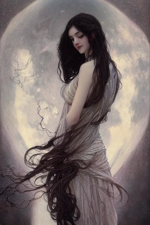 Image similar to thin goddess of moon, long dark hair, sad eyes, pale skin, silver and pearl jewelry, fantasy, intricate, highly detailed, digital painting, artstation, concept art, smooth, sharp focus, art by art by Artem Demura and Alphonse Mucha, ArtGerm, valentina remenar, ruan jia