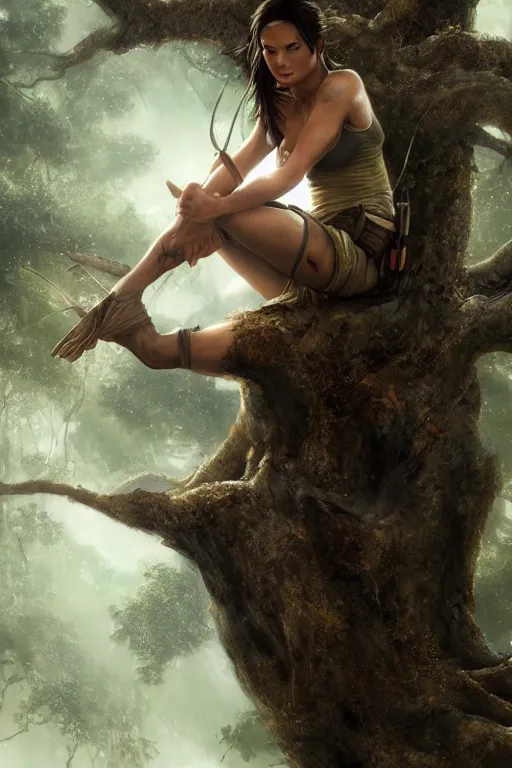 Image similar to lara croft sitting in a lotus position on a tree, foggy, close up, full body, backlit, oil painting, sunlit, paint texture, digital painting, highly detailed, artstation, sharp focus, illustration, concept art, ruan jia, charlie bowater, tom bagshaw, norman rockwell