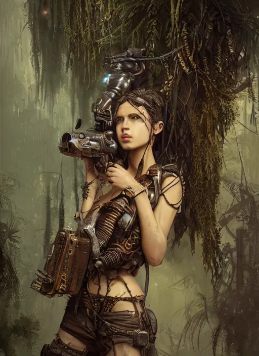 Image similar to portrait of a young very beautiful cute tribal woman holding a steampunk gun, in a post apocalyptic city overgrown with lush vegetation, by Luis Royo, by Greg Rutkowski, dark, gritty, intricate, volumetric lighting, volumetric atmosphere, concept art, cover illustration, octane render, trending on artstation, 8k