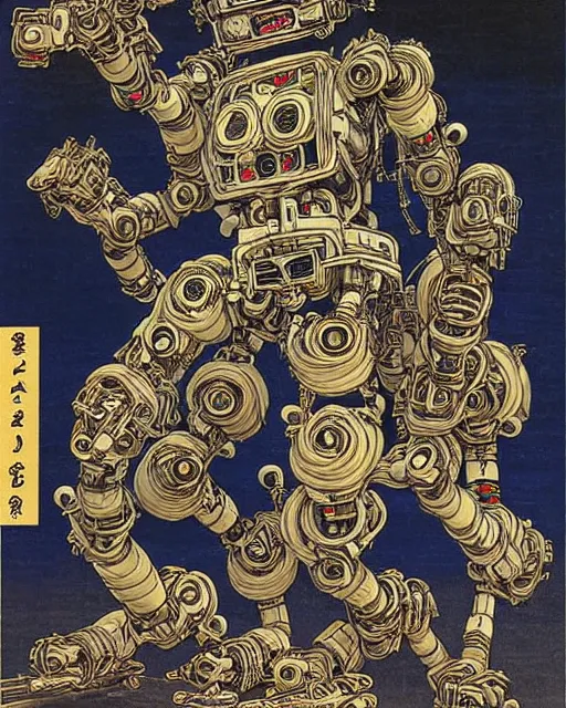 Image similar to Kuniyoshi portrait of a robot saint made of cables and robotic pod by Marc Silvestri