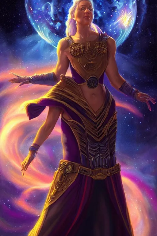 Prompt: beautiful oil painting with high detail of a astral traveller with stars and plasma in the background, hybrid from dungeons and dragons and art direction by James Cameron ;by artgerm; wayne reynolds art station; cinematic quality character render; low angle; ultra high quality model; production quality cinema model;