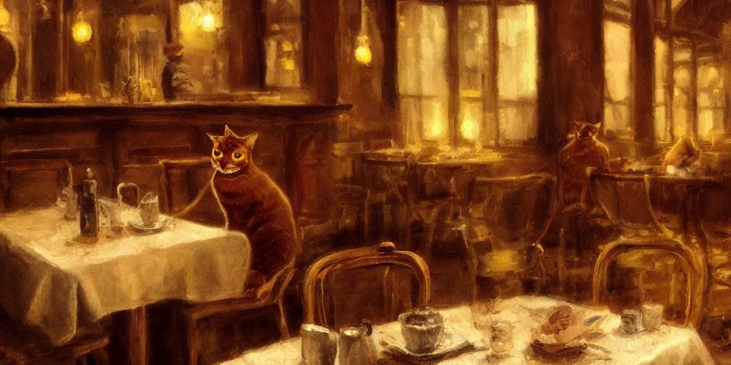 Image similar to brown cat with yellow eyes is sitting at table in a cafe at paris in early 2 0 th century. atmospheric feeling, warm colours, brown colours, yellow colours, epic scene, cinematic, very detailed, concept art, trending on artstation